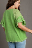 Umgee Full Size Cotton Gauze Round Neck Ruffle Eyelet Layered Sleeve Blouse Plus Size - Trendsi - Flyclothing LLC