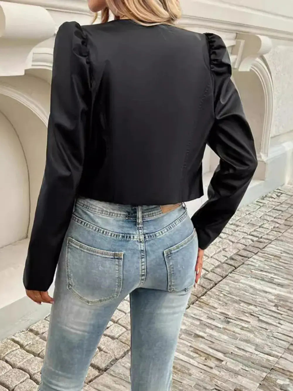 PU Leather Open Front Puff Sleeve Jacket - Trendsi - Flyclothing LLC