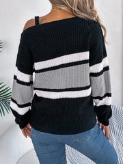 Color Block Asymmetrical Neck Long Sleeve Sweater - Trendsi