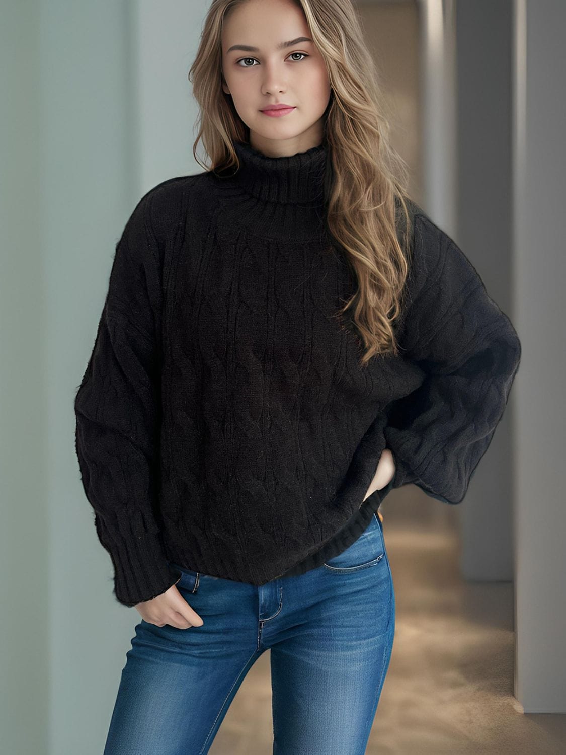 Cable-Knit Turtleneck Long Sleeve Sweater - Trendsi