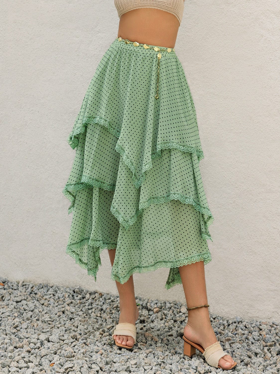 Lace Detail Layered Printed Skirt - Trendsi