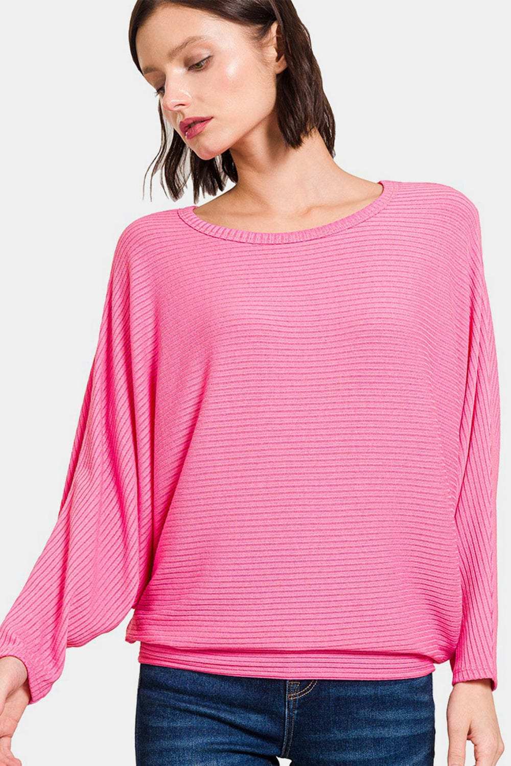 Zenana Ribbed Round Neck Long Sleeve Top - Trendsi - Flyclothing LLC