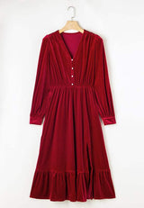Ruffle Hem Slit V-Neck Long Sleeve Dress - Trendsi - Flyclothing LLC