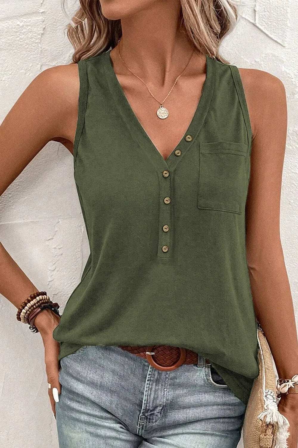 Pocketed V-Neck Wide Strap Tank - Trendsi - Flyclothing LLC