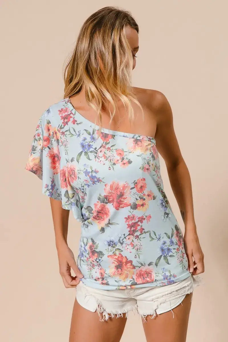 BiBi Floral Printed Jersey Knit Ruffle Sleeve Top - Trendsi - Flyclothing LLC