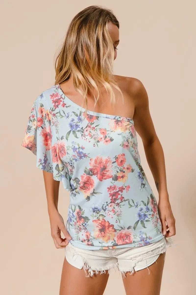 BiBi Floral Printed Jersey Knit Ruffle Sleeve Top - Trendsi - Flyclothing LLC