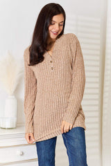 Double Take Notched Neck Ribbed Long Sleeve T-Shirt - Trendsi - Flyclothing LLC