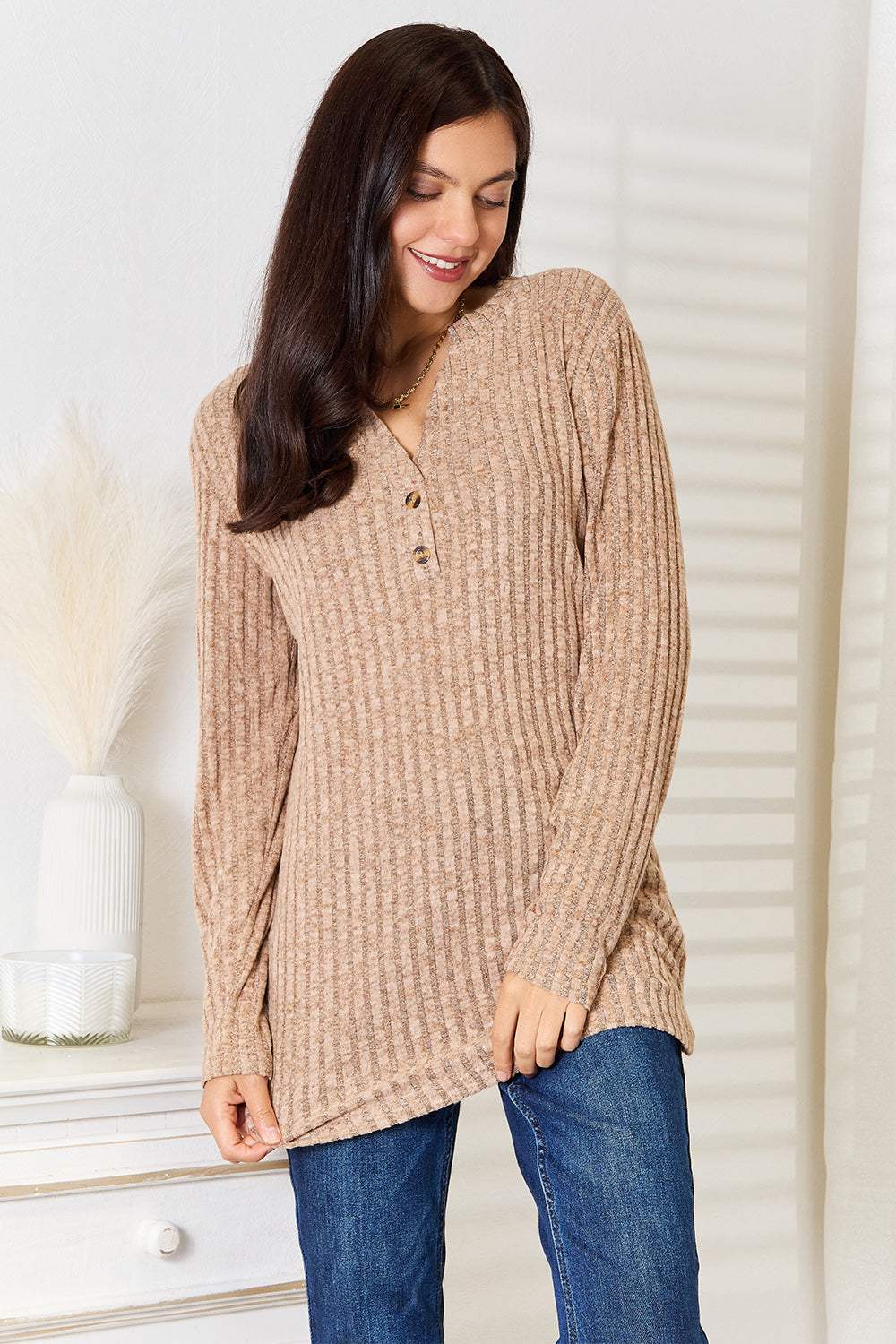 Double Take Notched Neck Ribbed Long Sleeve T-Shirt - Trendsi - Flyclothing LLC