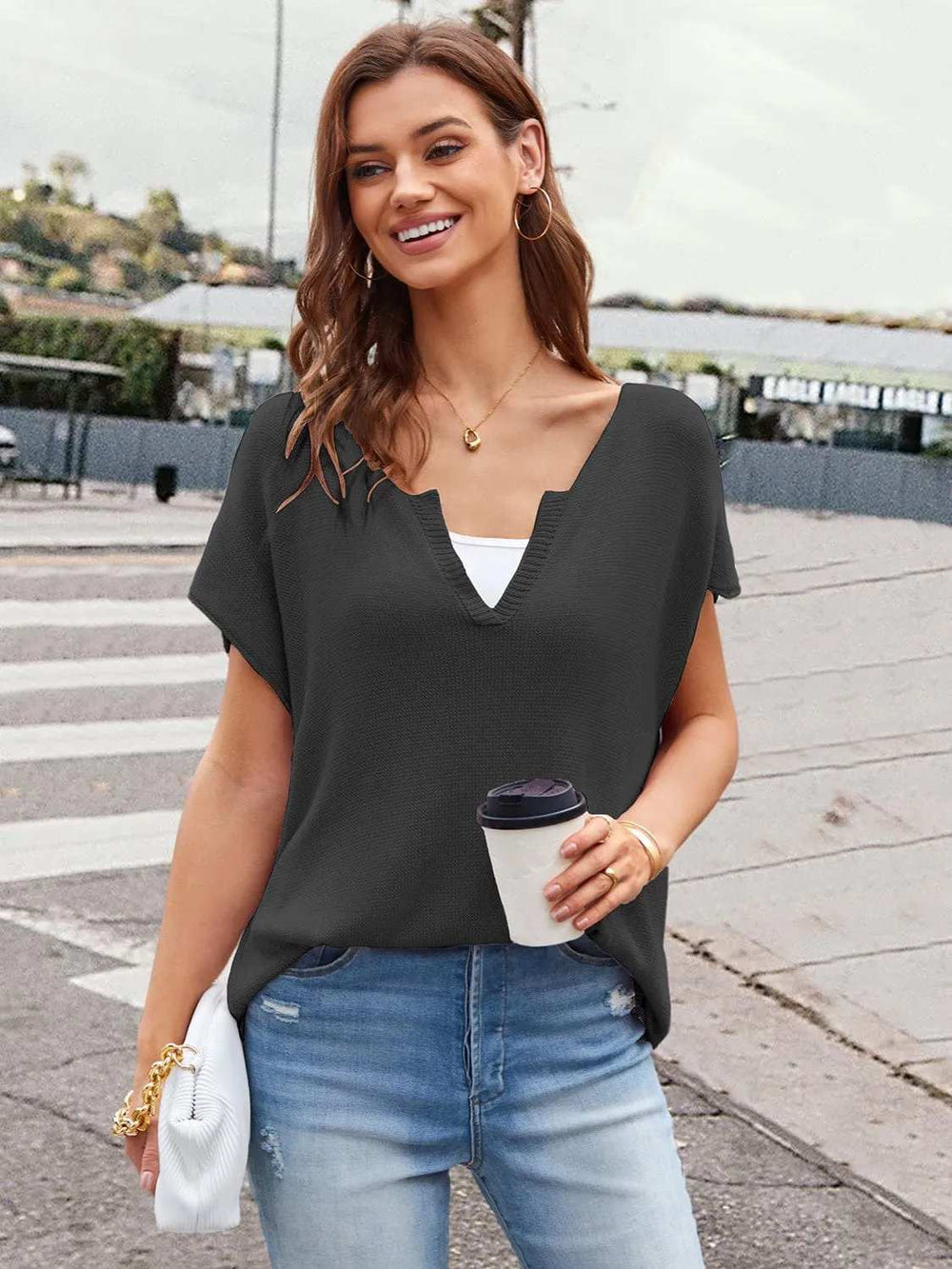 Notched Short Sleeve Knit Top - Trendsi - Flyclothing LLC