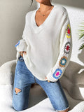 Crochet Flower V-Neck Sweater - Trendsi