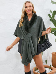 Fuzzy Trim Open Front Poncho - Trendsi