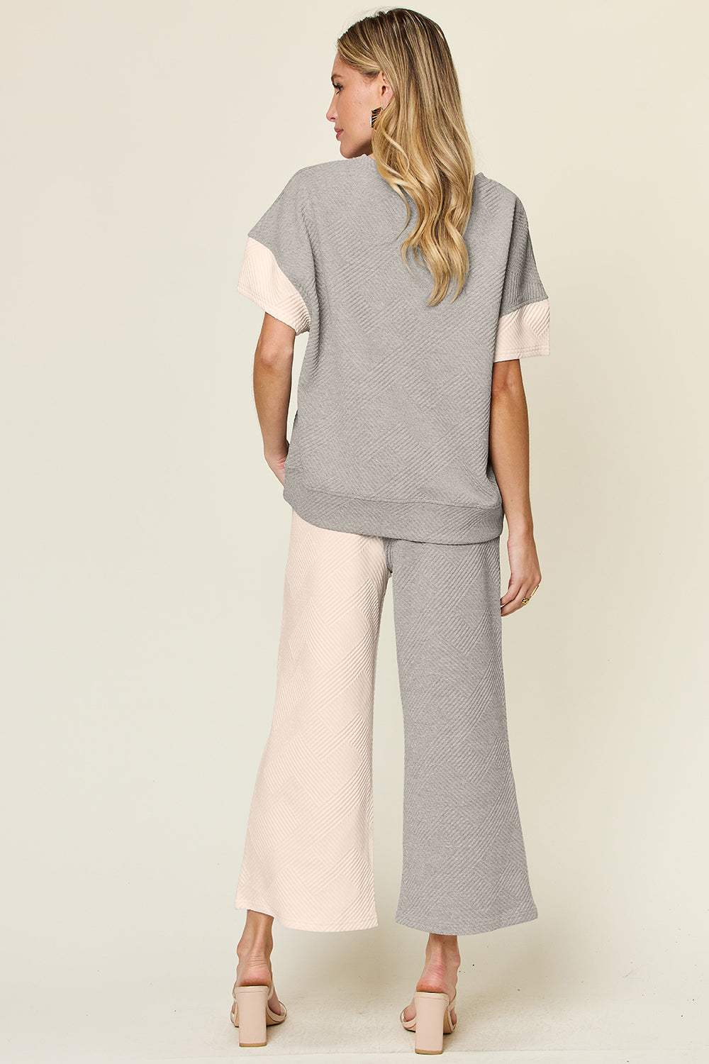 Double Take Full Size Texture Contrast T-Shirt and Wide Leg Pants Set - Trendsi - Flyclothing LLC
