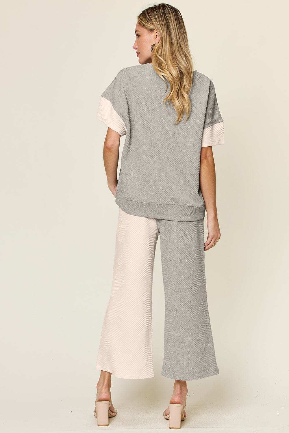Double Take Full Size Texture Contrast T-Shirt and Wide Leg Pants Set - Trendsi - Flyclothing LLC