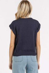 Mittoshop Contrast Letter Round Neck Cap Sleeve Knit Top - Trendsi - Flyclothing LLC