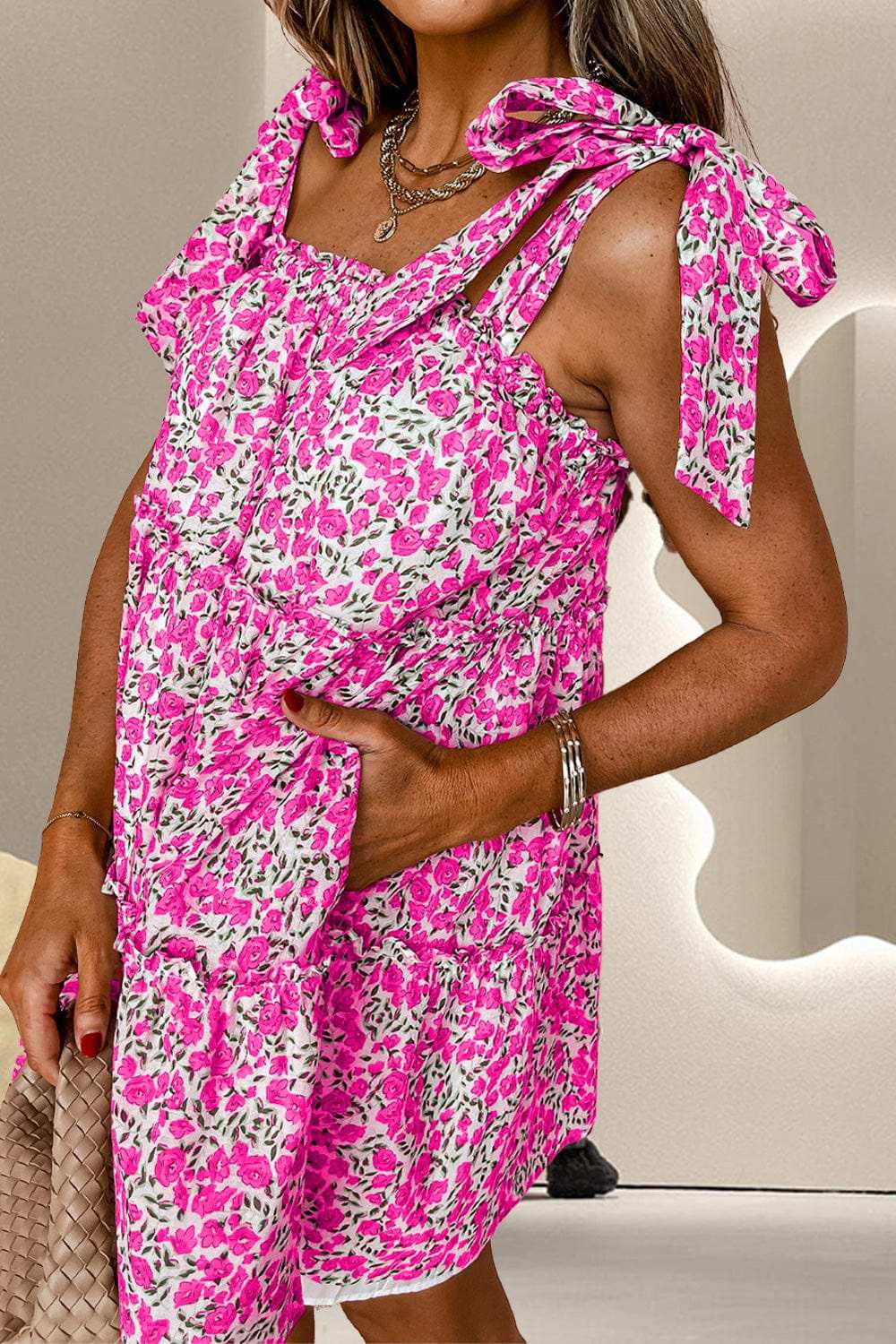 Tied Printed Sleeveless Mini Dress - Trendsi - Flyclothing LLC