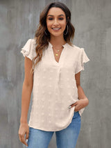Swiss Dot Notched Flutter Sleeve Blouse - Trendsi - Flyclothing LLC