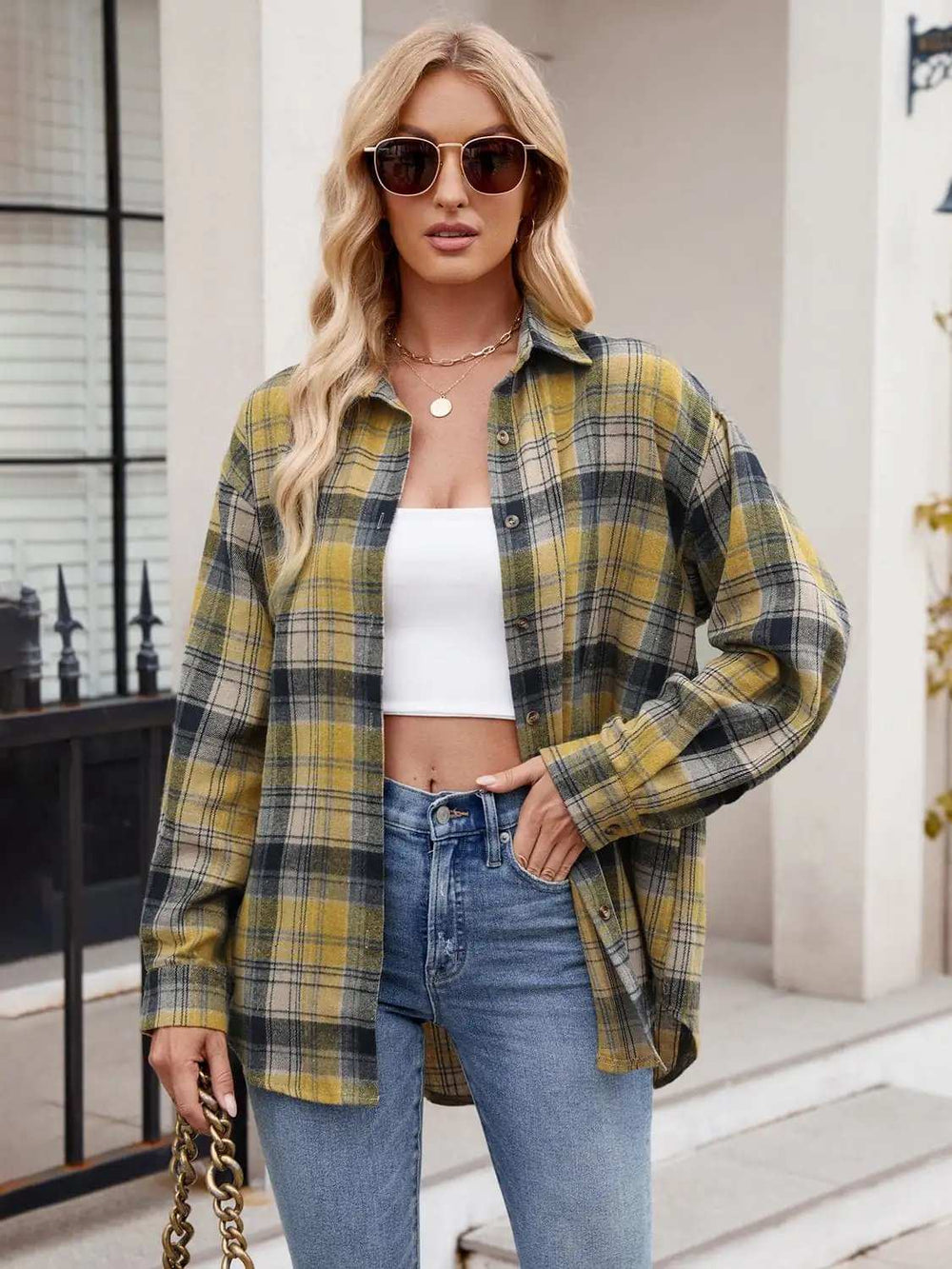 Pocketed Plaid Collared Neck Long Sleeve Shirt - Trendsi - Flyclothing LLC