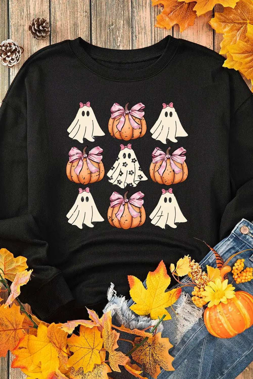 Pumpkin & Ghost Round Neck Long Sleeve Sweatshirt - Trendsi - Flyclothing LLC