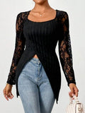 Square Neck Lace Patchwork Long Sleeve T-Shirt - Trendsi