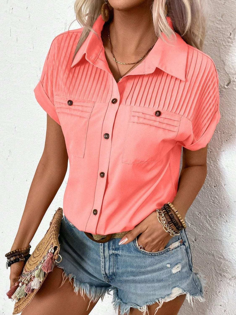 Pleated Detail Collared Neck Short Sleeve Shirt - Trendsi - Flyclothing LLC