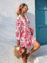 Full Size Floral Print V-Neck Long Sleeve Ruffle Hem Mini Dress Plus Size - Trendsi - Flyclothing LLC