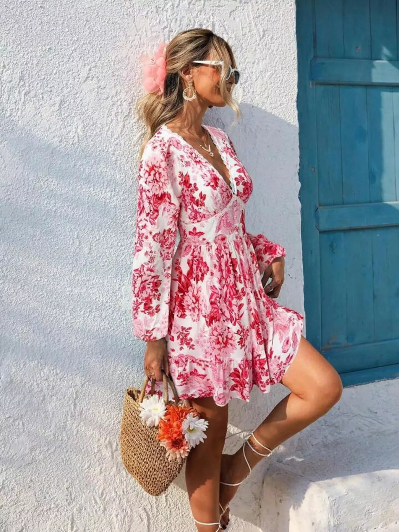 Full Size Floral Print V-Neck Long Sleeve Ruffle Hem Mini Dress Plus Size - Trendsi - Flyclothing LLC
