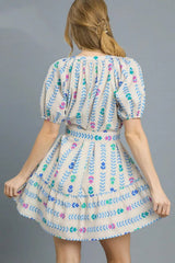 Umgee Printed Tie Waist Puff Short Sleeve Mini Dress - Trendsi - Flyclothing LLC