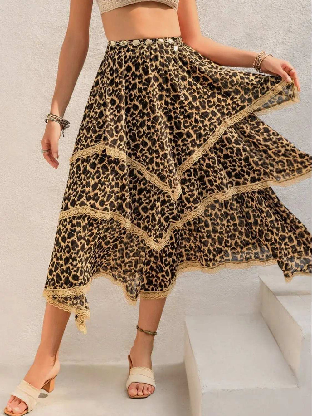 Lace Detail Layered Printed Skirt - Trendsi - Flyclothing LLC