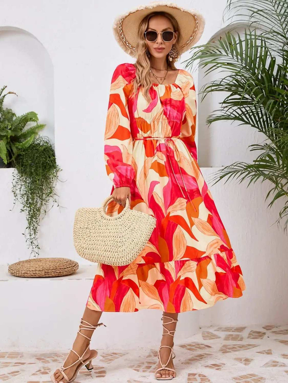 Printed Long Sleeve Midi Dress - Trendsi - Flyclothing LLC