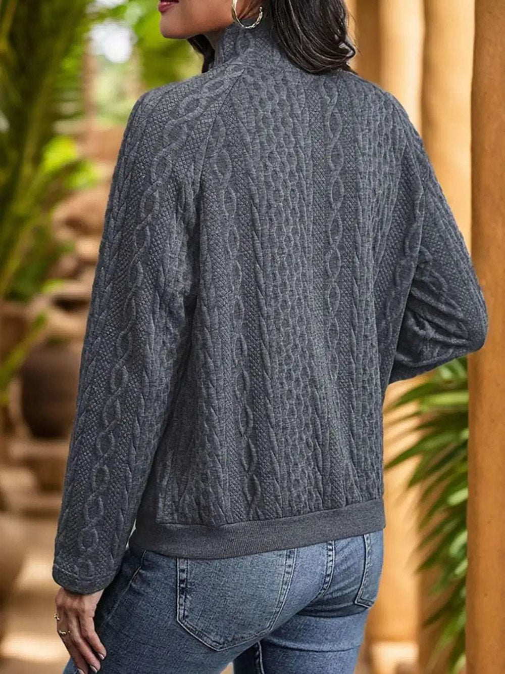Textured Quarter Snap Long Sleeve Sweatshirt - Trendsi - Flyclothing LLC