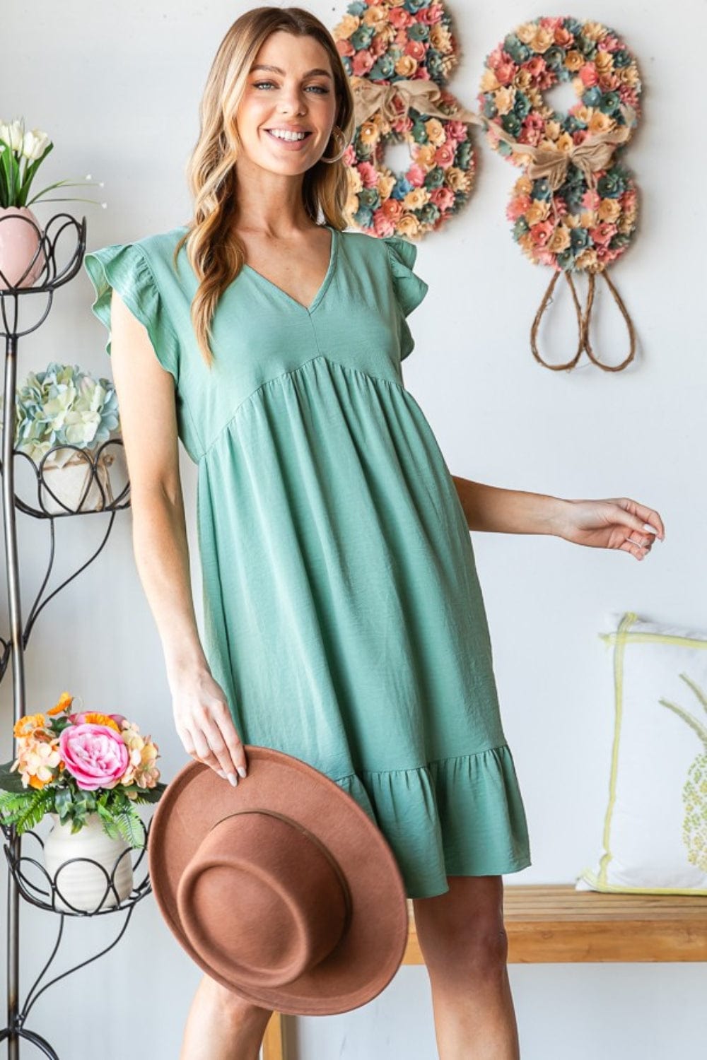 Heimish Full Size Short Sleeve V Neck Ruffled Hem Dress - Trendsi