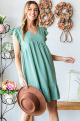 Heimish Full Size Short Sleeve V Neck Ruffled Hem Dress - Trendsi