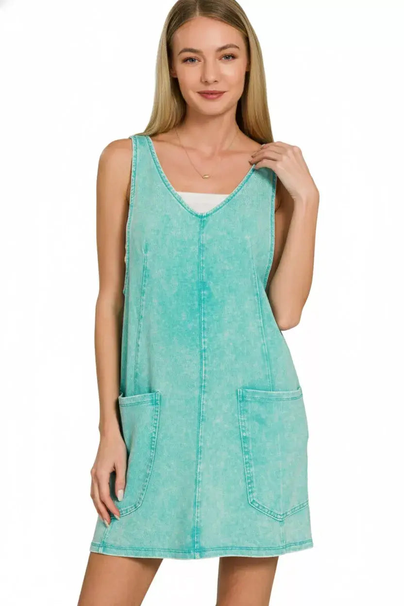 Zenana Acid Washed Overall Knit Mini Dress - Trendsi - Flyclothing LLC