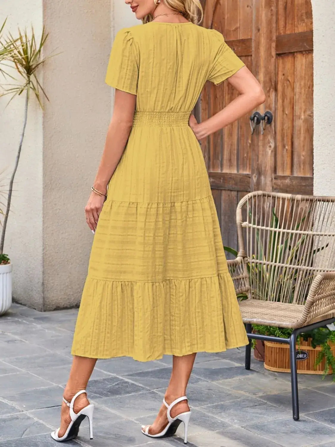 Tiered Notched Short Sleeve Dress - Trendsi - Flyclothing LLC