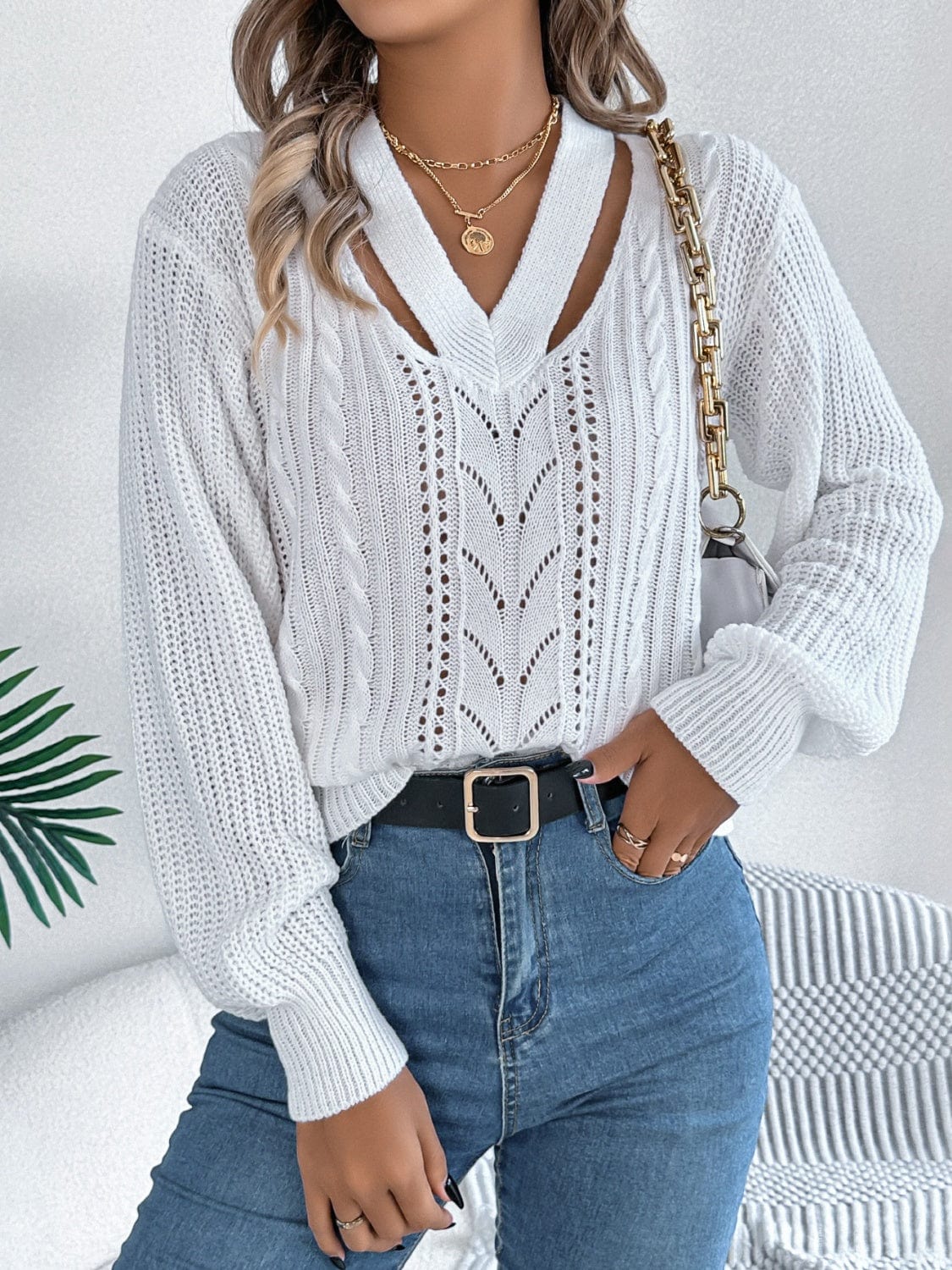 Cutout V-Neck Long Sleeve Sweater - Trendsi