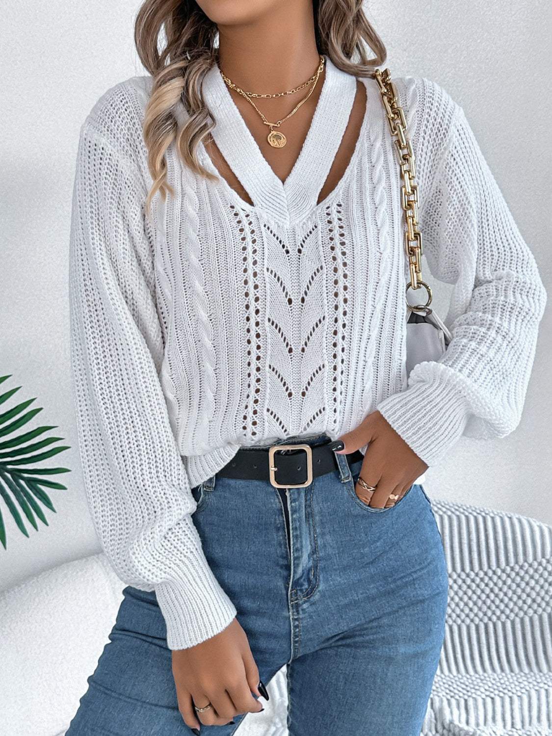 Cutout V-Neck Long Sleeve Sweater - Trendsi - Flyclothing LLC