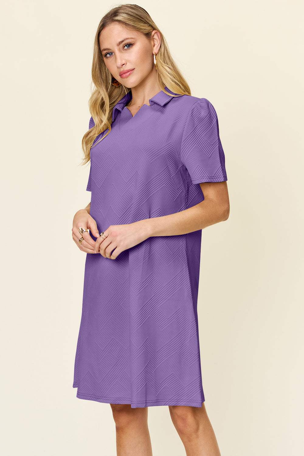 Double Take Full Size Texture Collared Neck Short Sleeve Dress - Trendsi - Flyclothing LLC