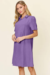 Double Take Full Size Texture Collared Neck Short Sleeve Dress - Trendsi - Flyclothing LLC