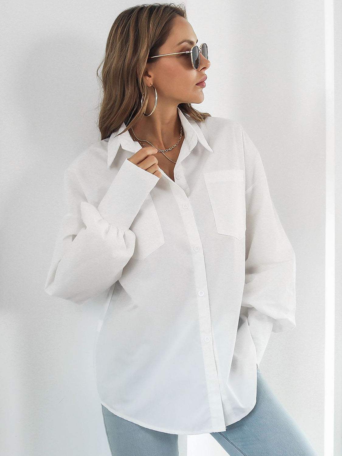 Button Up Dropped Shoulder Lantern Sleeve Shirt - Trendsi - Flyclothing LLC