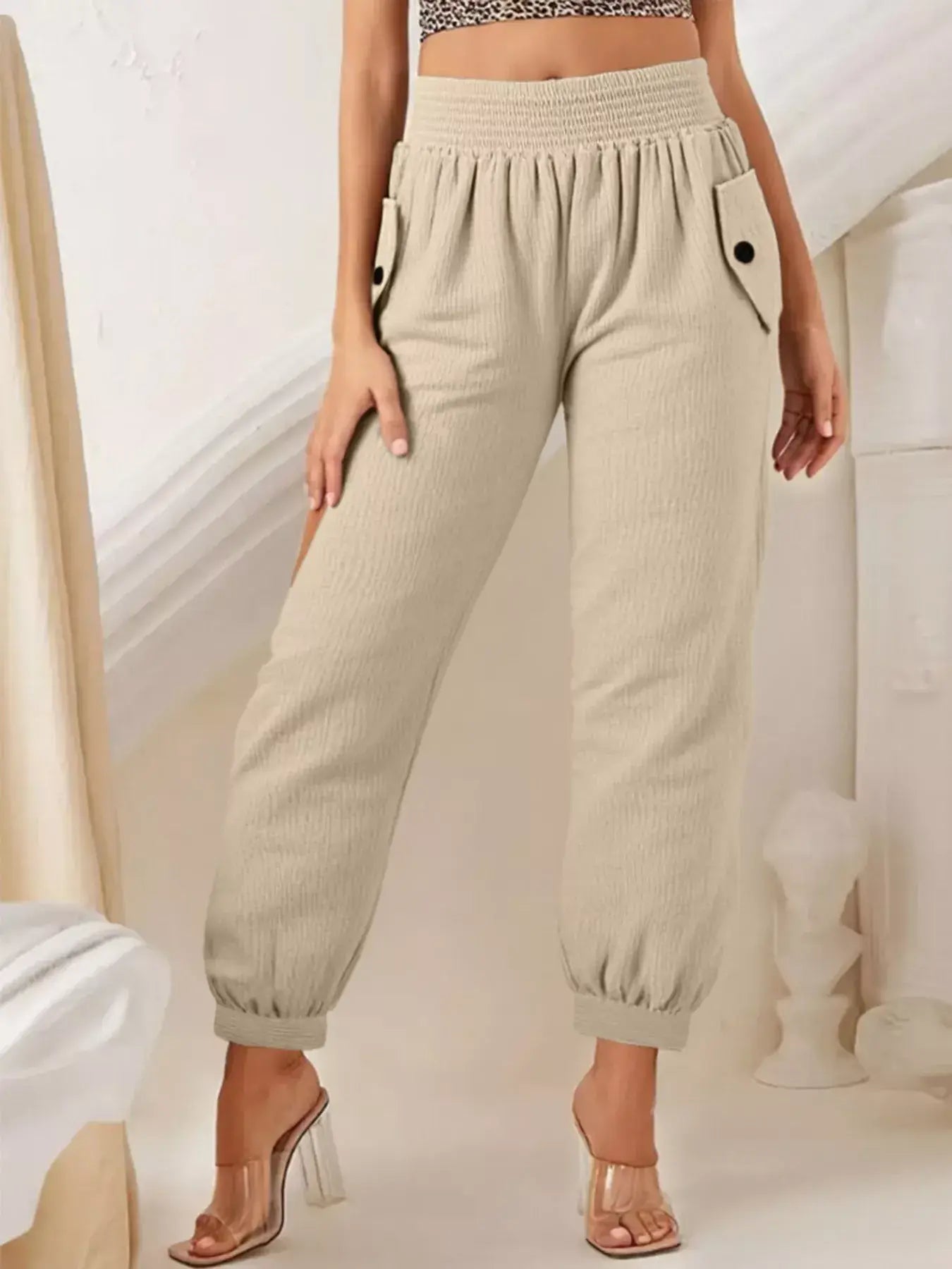 Smocked Textured Casual Pants - Trendsi - Flyclothing LLC