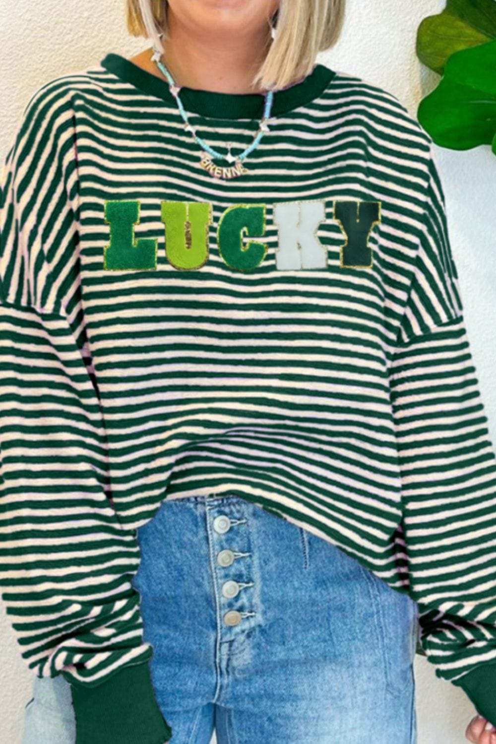 LUCKY Striped Round Neck Long Sleeve Sweatshirt - Trendsi - Flyclothing LLC