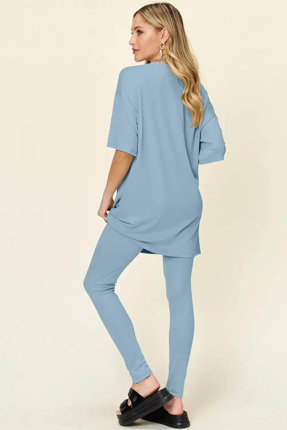 Double Take Full Size Round Neck Dropped Shoulder T-Shirt and Leggings Set - Trendsi - Flyclothing LLC