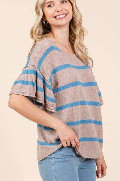 Mittoshop Striped Flounce Sleeve Knit Top - Trendsi - Flyclothing LLC