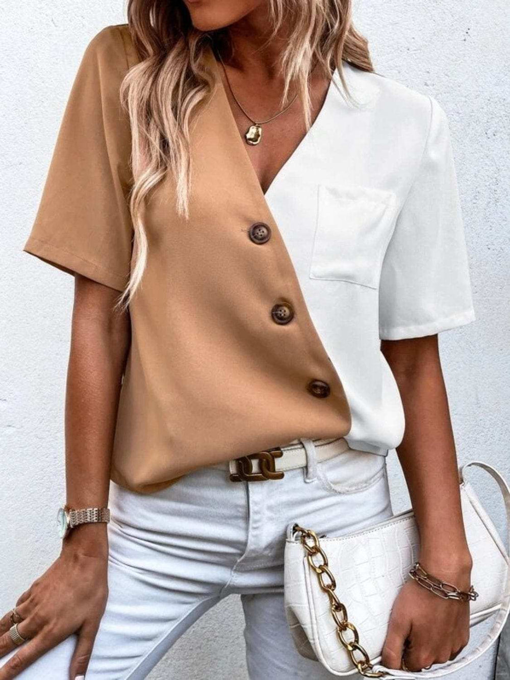 Decorative Button Surplice Short Sleeve Blouse - Trendsi - Flyclothing LLC