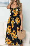 Smocked Sunflower Printed Sleeveless Cami Dress - Trendsi - Flyclothing LLC