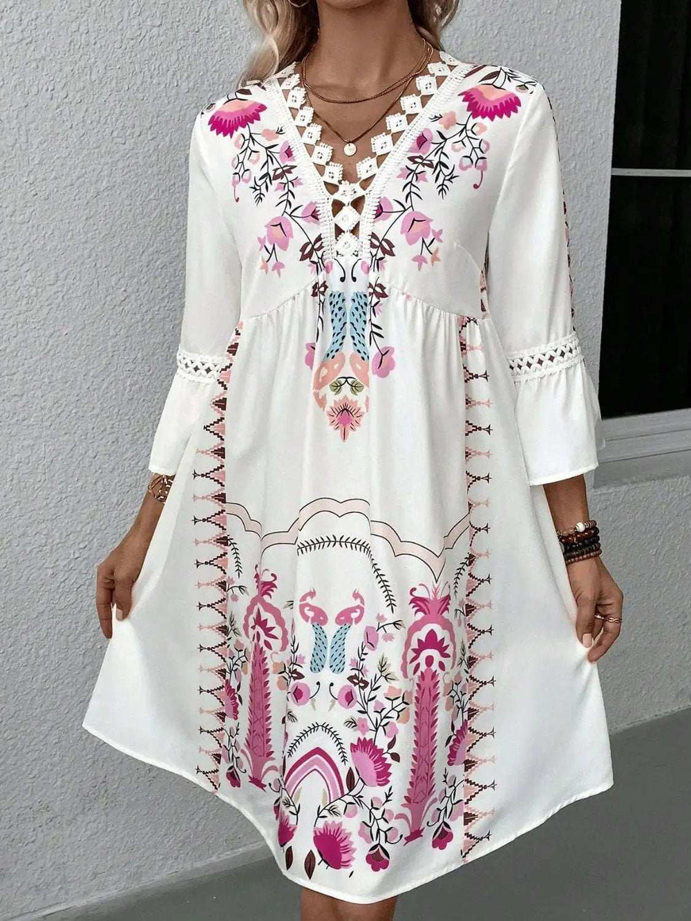 Lace Detail Printed Three-Quarter Sleeve Dress - Trendsi - Flyclothing LLC