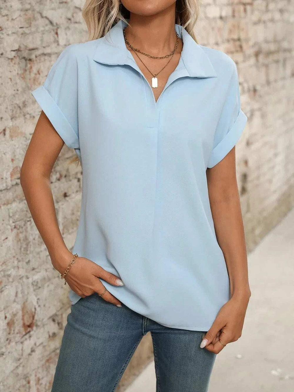 Collared Neck Short Sleeve Blouse - Trendsi - Flyclothing LLC