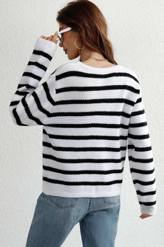 Striped Button Down Long Sleeve Cardigan - Trendsi - Flyclothing LLC