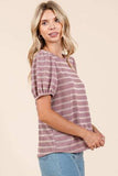 Mittoshop Contrast Striped Short Puff Sleeve Knit Top - Trendsi - Flyclothing LLC