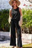 Waffle-Knit Round Neck Tank and Pants Set - Trendsi
